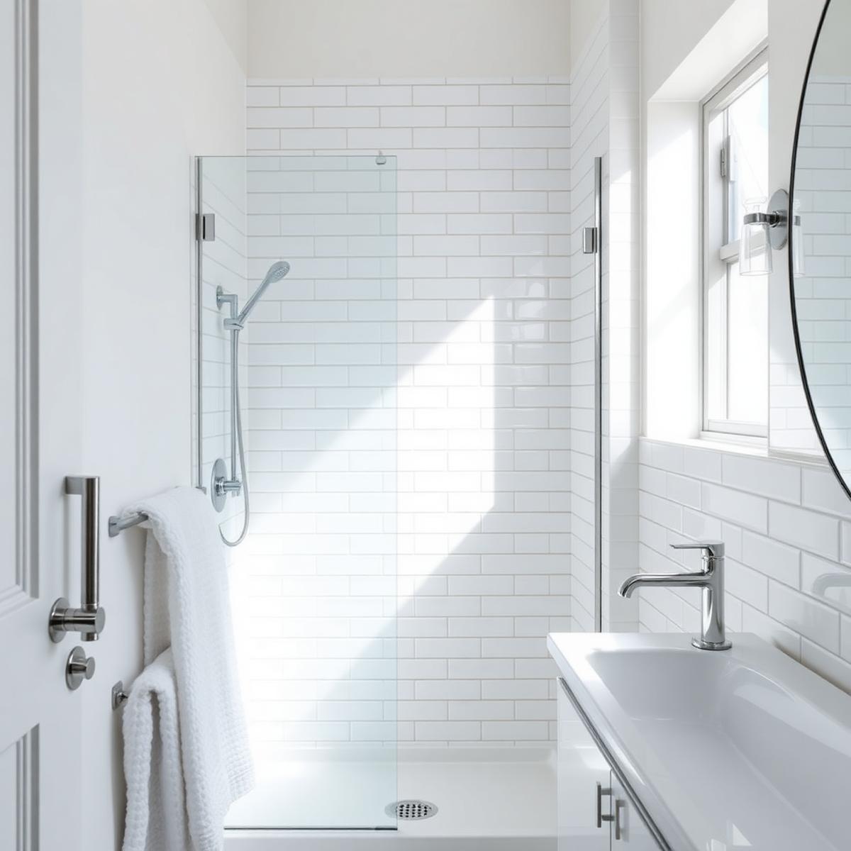 Spotless white tiled restroom with polished chrome fixtures
