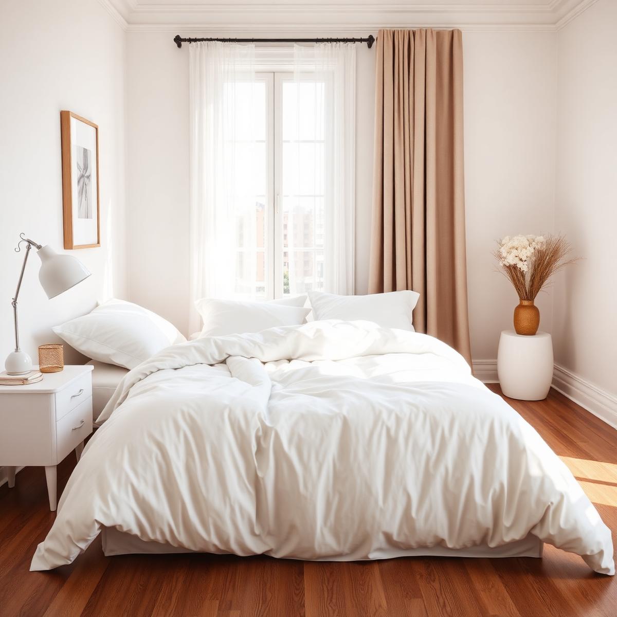 Freshly cleaned bedroom with crisp white bedding