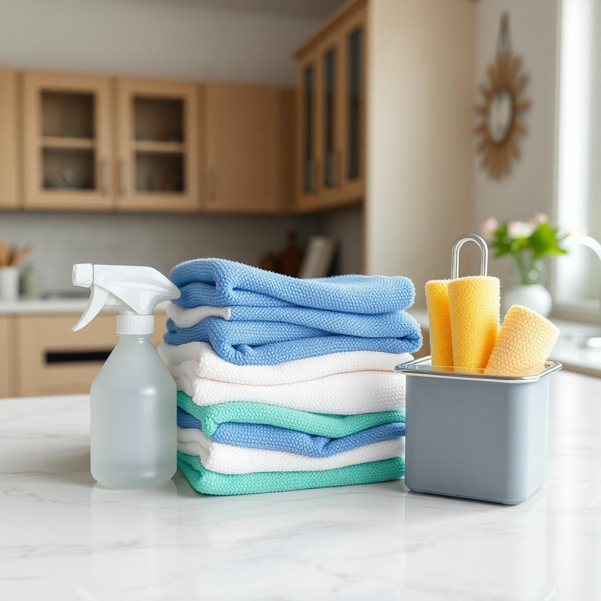 Folded microfiber cloths and spray bottle on a clean counter