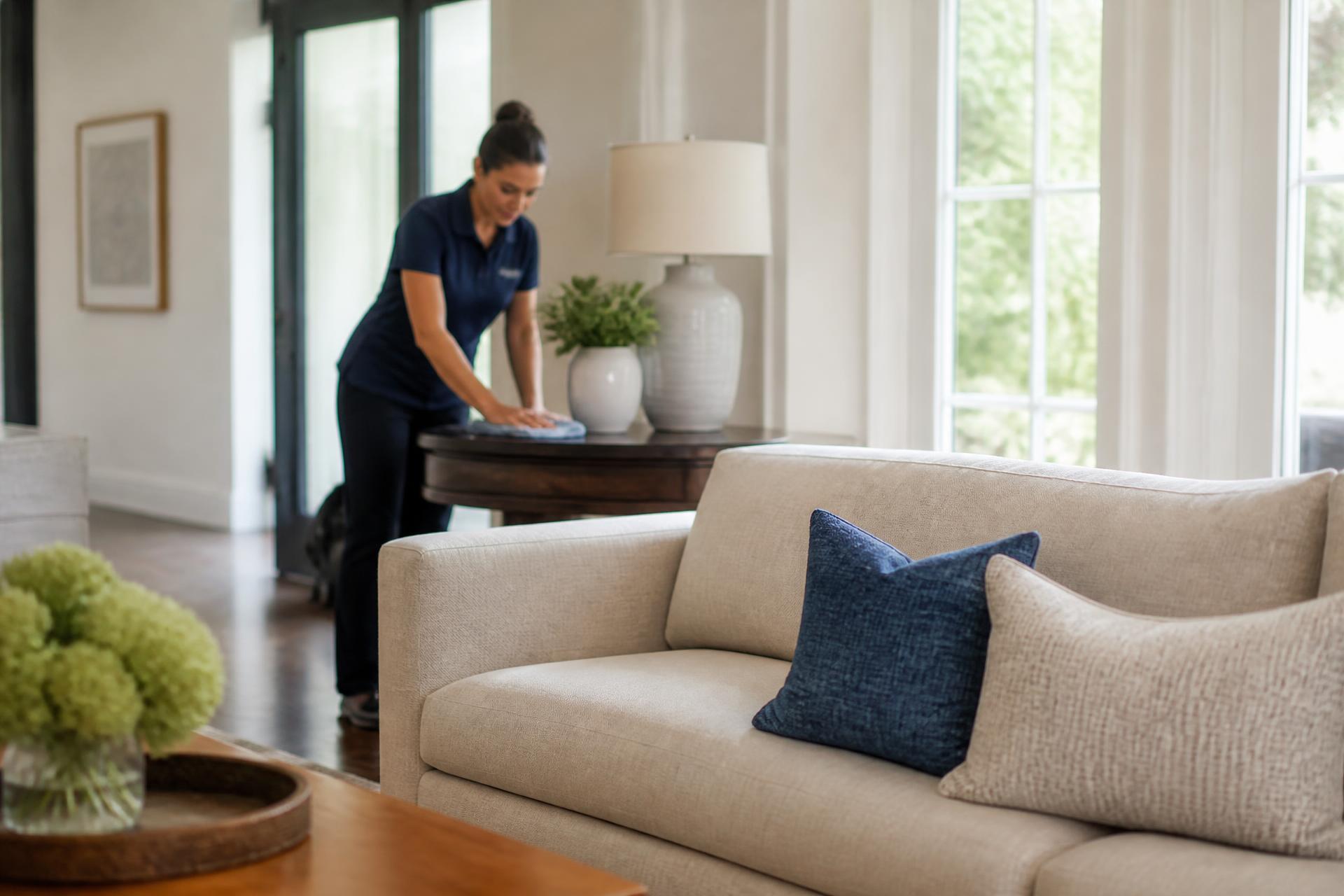 Professional cleaner wiping a table in a bright, spotless living room