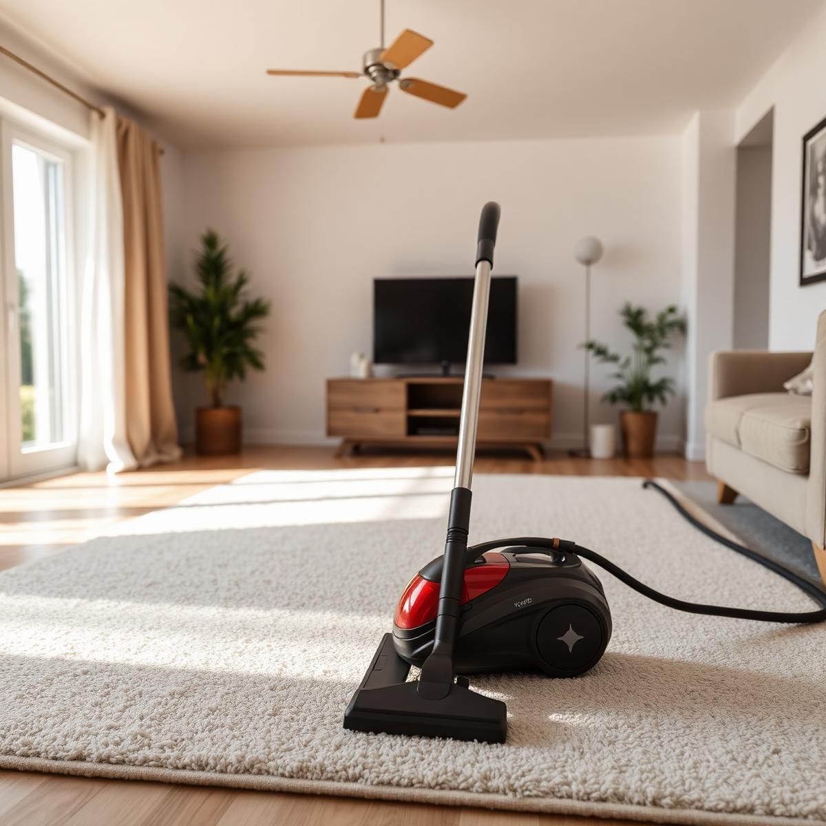 Vacuuming a rug in a tidy, sunlit living room